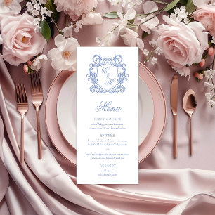 Elegant Dusty Blue Monogram Crest Wedding Menu
