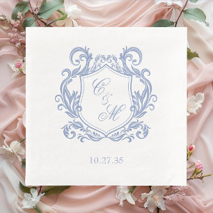Elegant Dusty Blue Monogram Crest Wedding Napkins