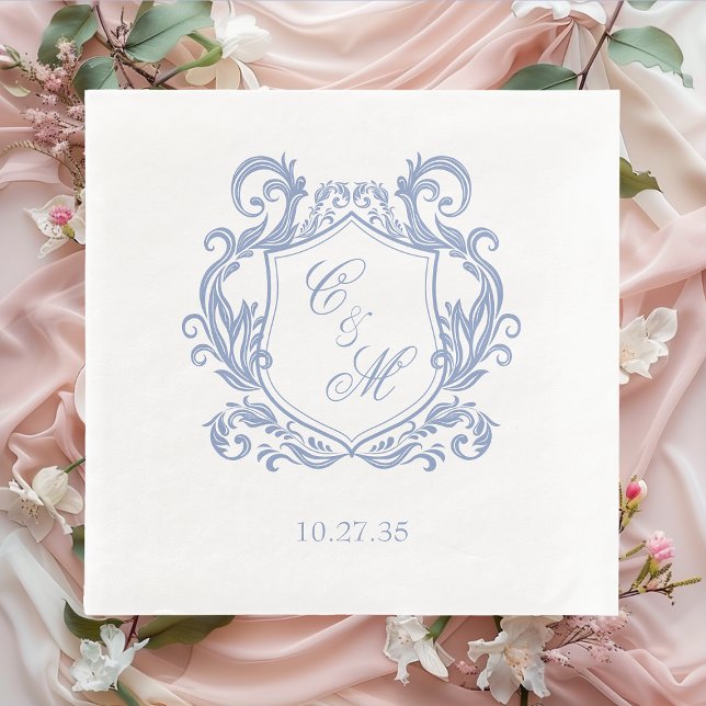 Elegant Dusty Blue Monogram Crest Wedding Napkins (Creator Uploaded)