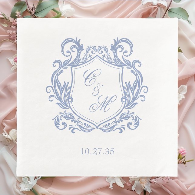 Elegant Dusty Blue Monogram Crest Wedding Paper Dinner Napkins (Creator Uploaded)