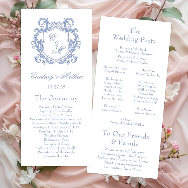 Elegant Dusty Blue Monogram Crest Wedding Program (Creator Uploaded)