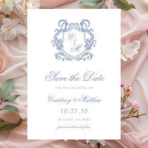 Elegant Dusty Blue Monogram Crest Wedding Save The Date