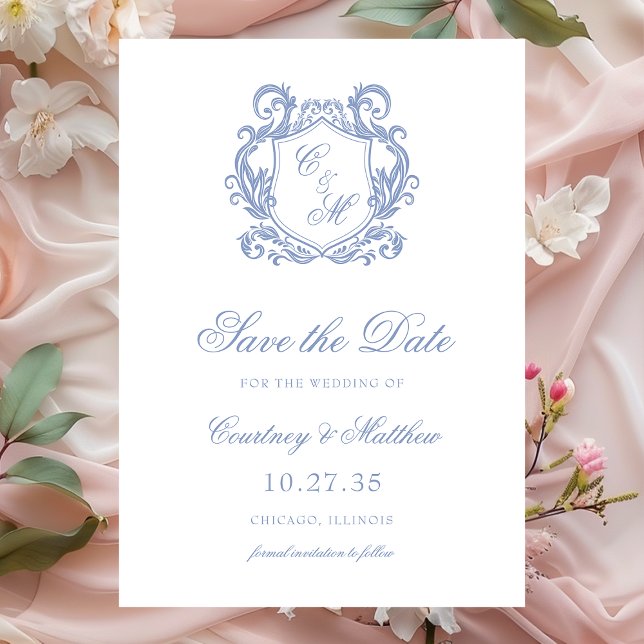 Elegant Dusty Blue Monogram Crest Wedding Save The Date (Creator Uploaded)