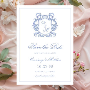 Elegant Dusty Blue Monogram Crest Wedding Save The Date