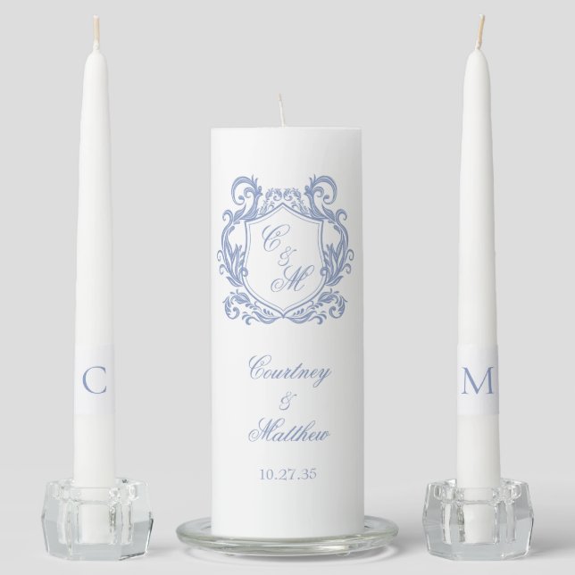 Elegant Dusty Blue Monogram Crest Wedding Unity Candle Set (Front)