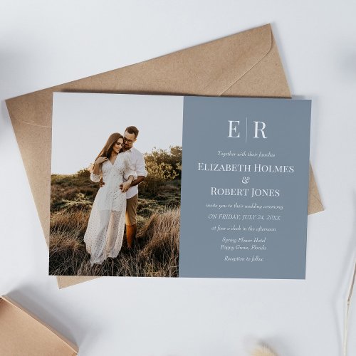 Elegant Dusty Blue Monogram Custom Photo Wedding  Invitation
