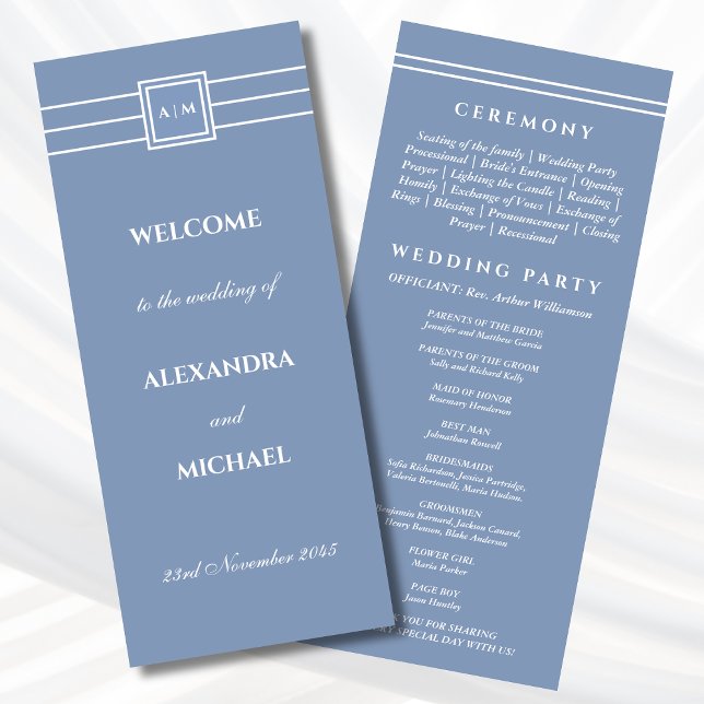 Elegant Dusty Blue Monogram Modern Wedding Program (Creator Uploaded)