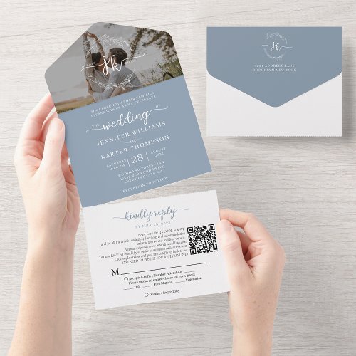 Elegant Dusty Blue Monogram QR Code Photo Wedding All In One Invitation