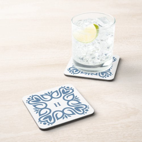 Elegant Dusty Blue Monogram Script Beverage Coaster