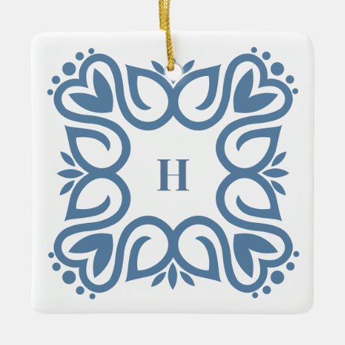 Elegant Dusty Blue Monogram Script Ceramic Ornament