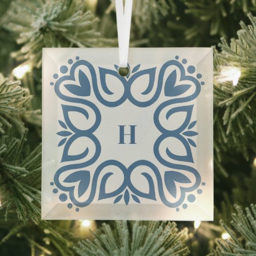 Elegant Dusty Blue Monogram Script Glass Ornament