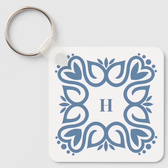 Elegant Dusty Blue Monogram Script Keychain (Front)