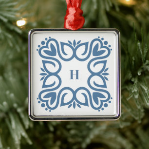 Elegant Dusty Blue Monogram Script Metal Ornament