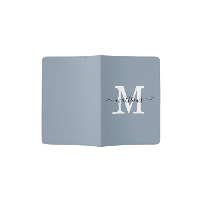 Elegant Dusty Blue Monogram Script Name Custom Passport Holder (Opened)