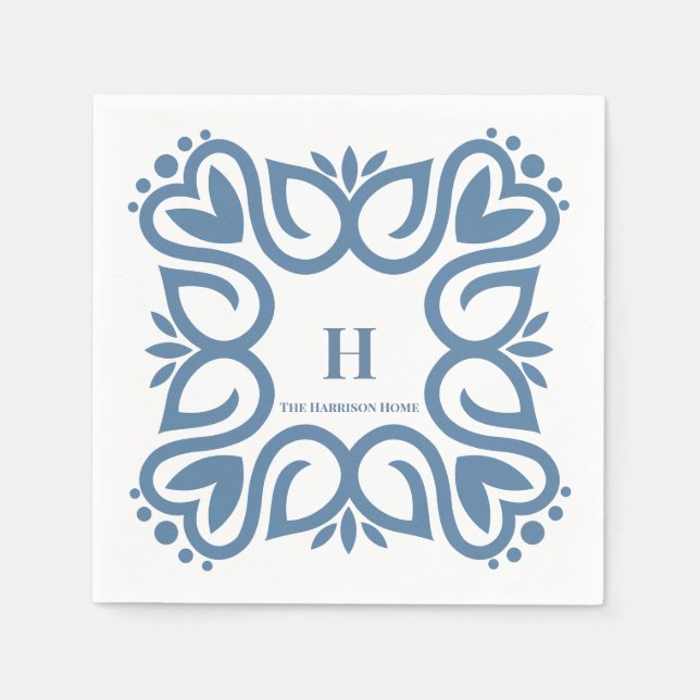 Elegant Dusty Blue Monogram Script Napkins (Front)