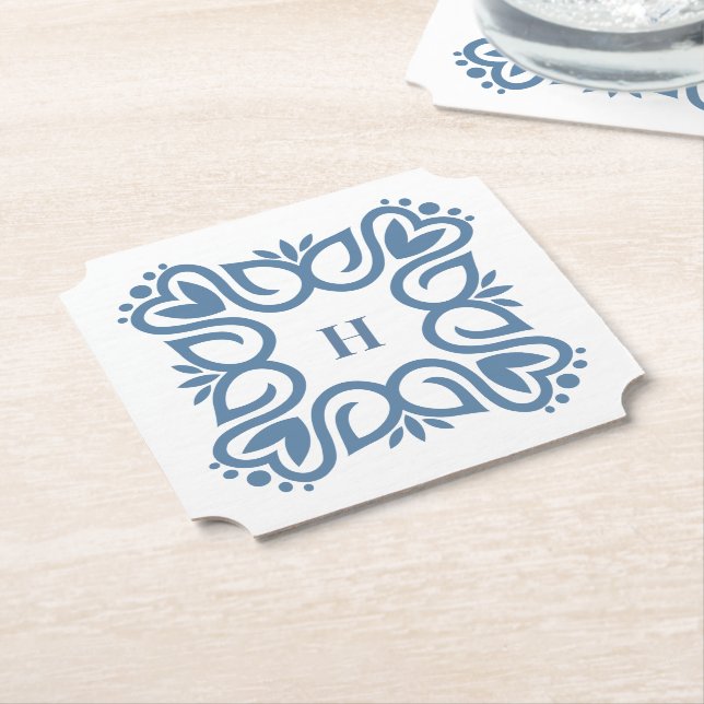 Elegant Dusty Blue Monogram Script Paper Coaster (Angled)