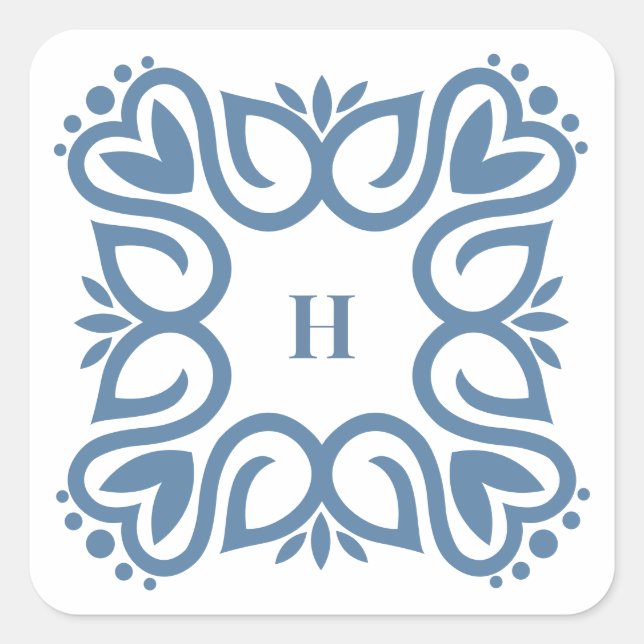 Elegant Dusty Blue Monogram Script Square Sticker (Front)