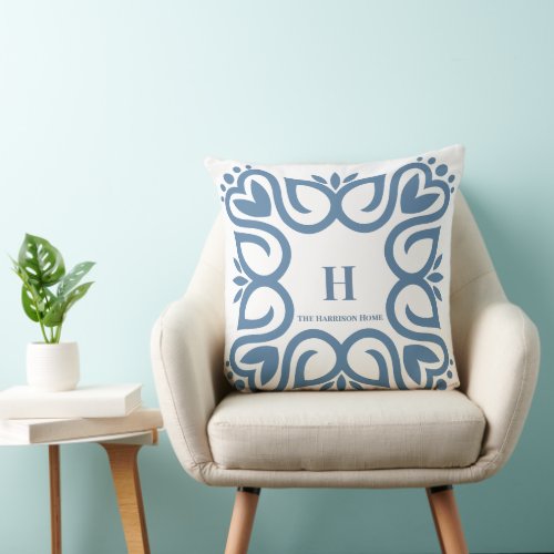 Elegant Dusty Blue Monogram Script Throw Pillow