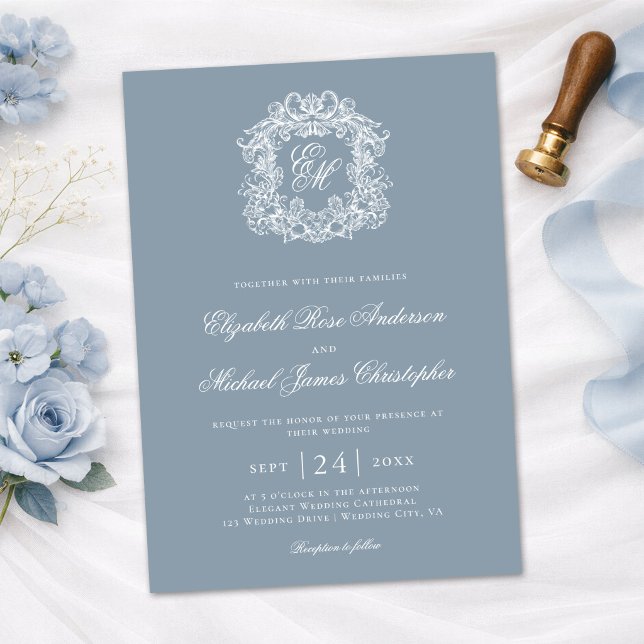 Elegant Dusty Blue Monogram Wedding Crest Invitation (Creator Uploaded)