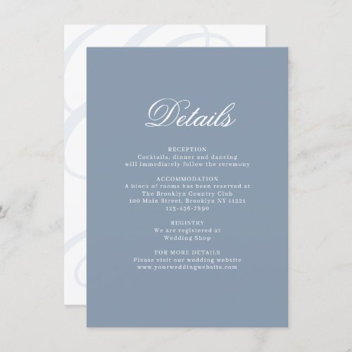 Elegant Dusty Blue Monogram Wedding Details Enclosure Card
