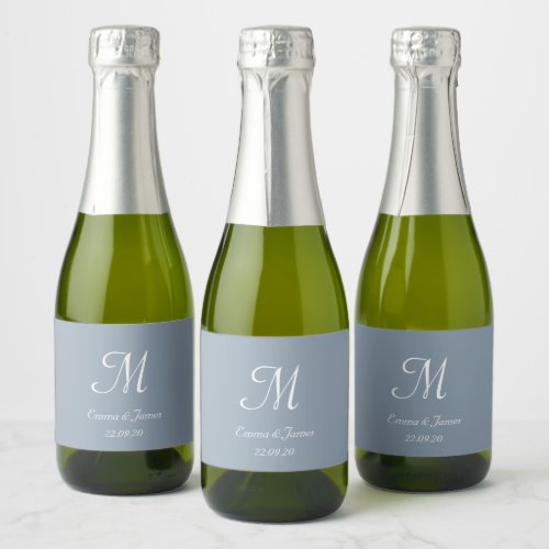 Elegant Dusty Blue Monogram Wedding Favor Mini  Sparkling Wine Label
