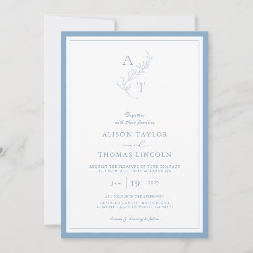 Elegant Dusty Blue Monogram Wedding Frame  Invitation