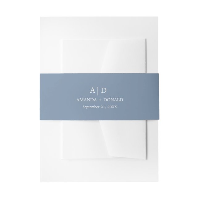  Elegant Dusty Blue Monogram Wedding  Invitation Belly Band (Front Example)
