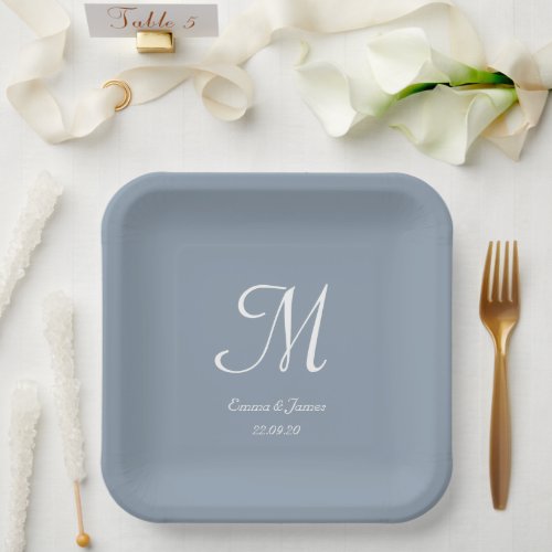 Elegant Dusty Blue Monogram Wedding Party Cocktail Paper Plates