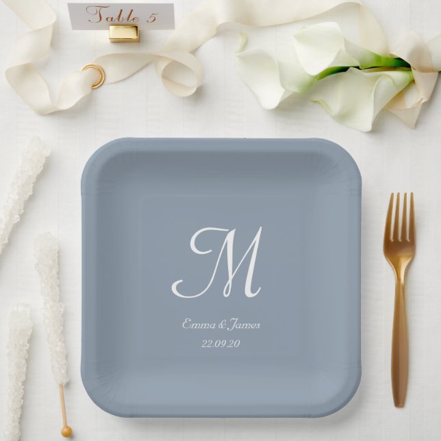 Elegant Dusty Blue Monogram Wedding Party Cocktail Paper Plates (Wedding)