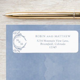 Elegant Dusty Blue Monogram Wedding Return Address Label