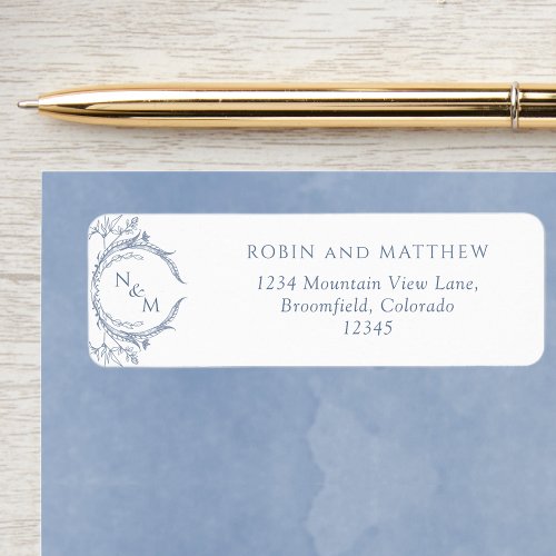 Elegant Dusty Blue Monogram Wedding Return Address Label