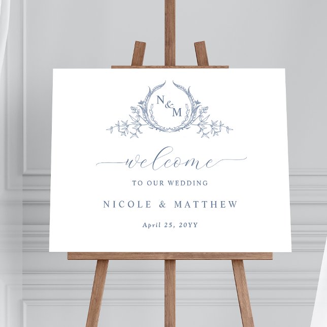 Elegant Dusty Blue Monogram Wedding Welcome Sign (Creator Uploaded)