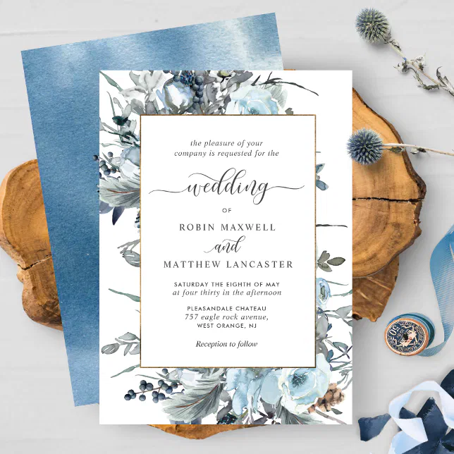 Elegant Dusty Blue, Navy and White Floral Wedding Invitation | Zazzle