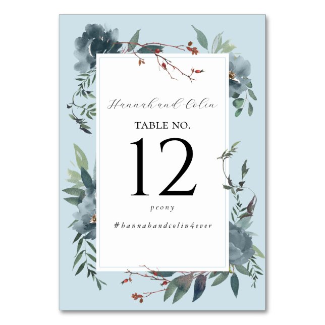 Elegant Dusty Blue Navy Botanical Garden Table Number (Front)