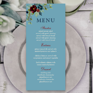 Elegant dusty blue navy burgundy floral wedding menu