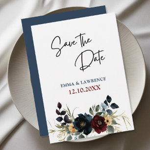 Elegant dusty blue navy burgundy floral wedding save the date