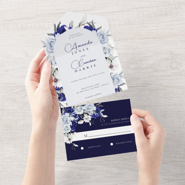 Elegant Dusty Blue Navy Floral Arch Wedding All In One Invitation (Tearaway)