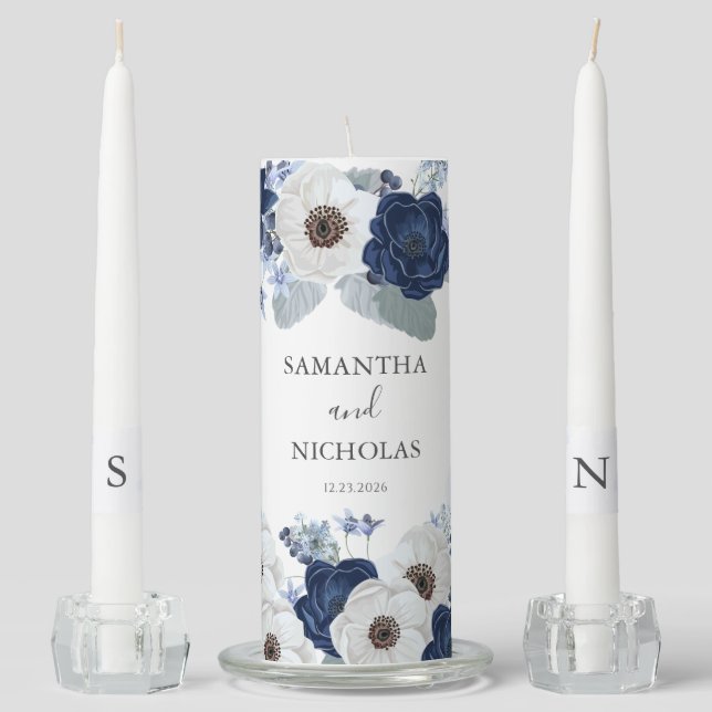 Elegant Dusty Blue Navy Floral Botanical Unity Candle Set (Front)