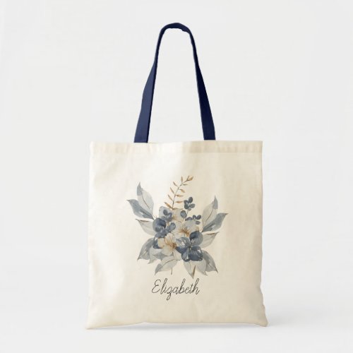 Elegant Dusty Blue Navy Floral Bouquet Bridesmaid Tote Bag