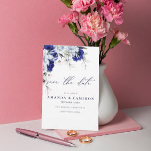 Elegant Dusty Blue Navy Floral QR Code Wedding  Save The Date