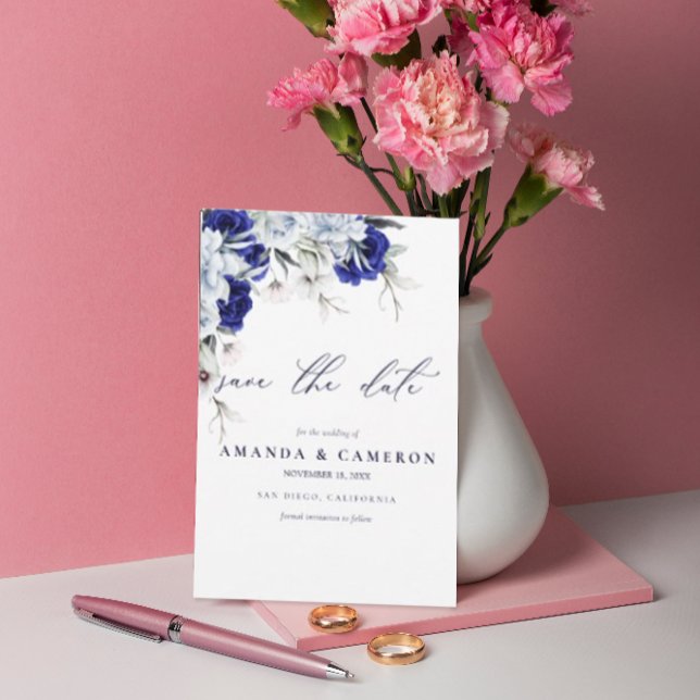 Elegant Dusty Blue Navy Floral QR Code Wedding  Save The Date (Creator Uploaded)