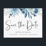 Elegant Dusty Blue Navy Floral Save the Date Announcement Postcard<br><div class="desc">Elegant watercolor dusty blue and navy floral arrangements,  wedding save the date postcard. Card features elegant calligraphy "Save the Date",  on front and back.</div>