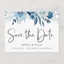Elegant Dusty Blue Navy Floral Save the Date Announcement Postcard