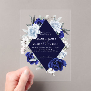 Elegant Dusty Blue Navy Floral Wedding Acrylic Invitations