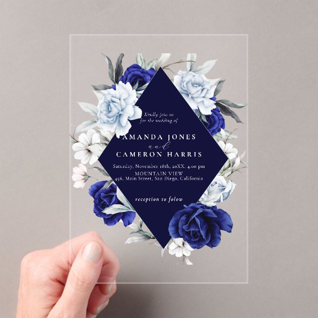 Elegant Dusty Blue Navy Floral Wedding  Acrylic Invitations (Insitu (Handheld))