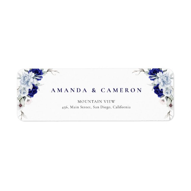 Elegant Dusty Blue Navy Floral Wedding Address Label (Front)