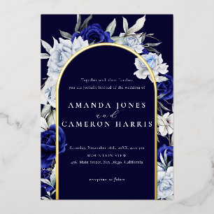 Elegant Dusty Blue Navy Floral Wedding Arch Gold Foil Invitation