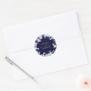 Elegant Dusty Blue Navy Floral Wedding Classic Round Sticker