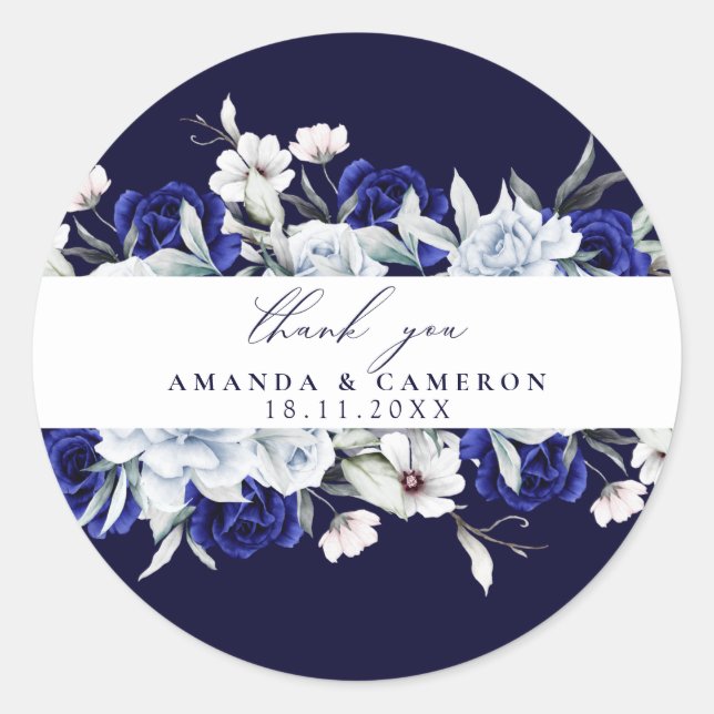 Elegant Dusty Blue Navy Floral Wedding Classic Round Sticker (Front)