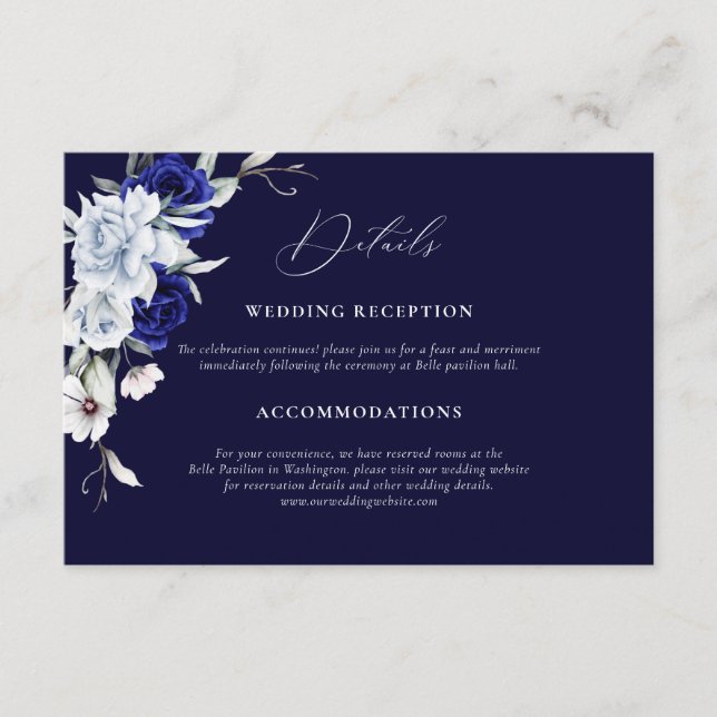Elegant Dusty Blue Navy Floral Wedding Details Enclosure Card (Front)